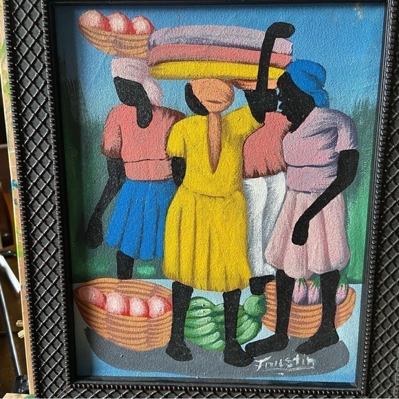 FAUSTIN signed Haitian painting. A vibrant scene of women heading to market.